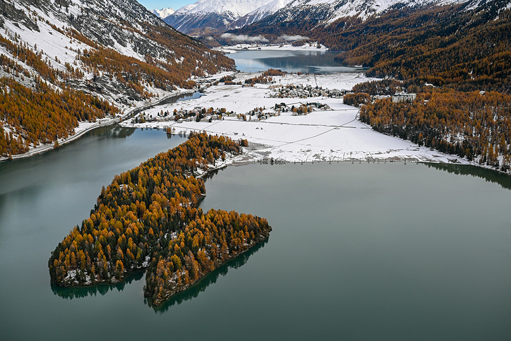 engadin sils silsersee chaste silvaplanersee-herbst winter luftaufnahme marcorubin_pix photoworks